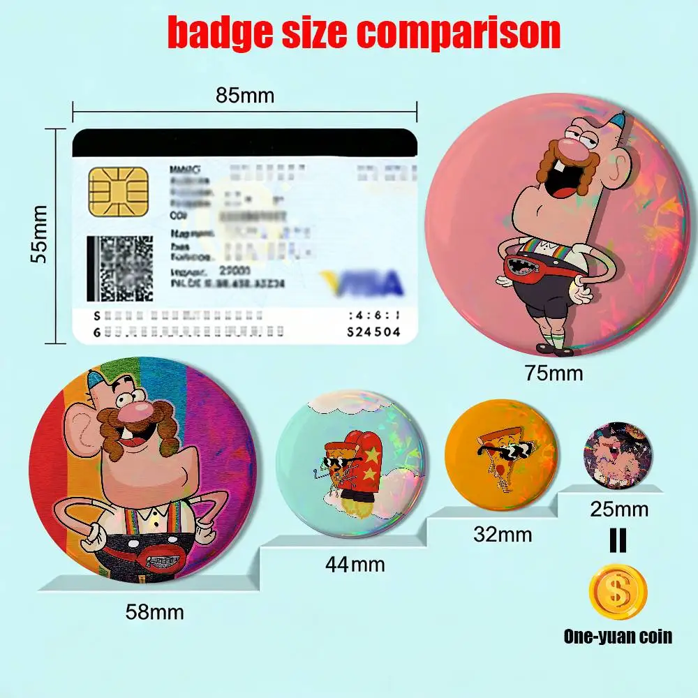 fine food Pizza Steve Uncle Grandpa Reflective Pin Tinplate Round Brooch Cartoon Cosplay Badges for Bag Hat Toys Gifts