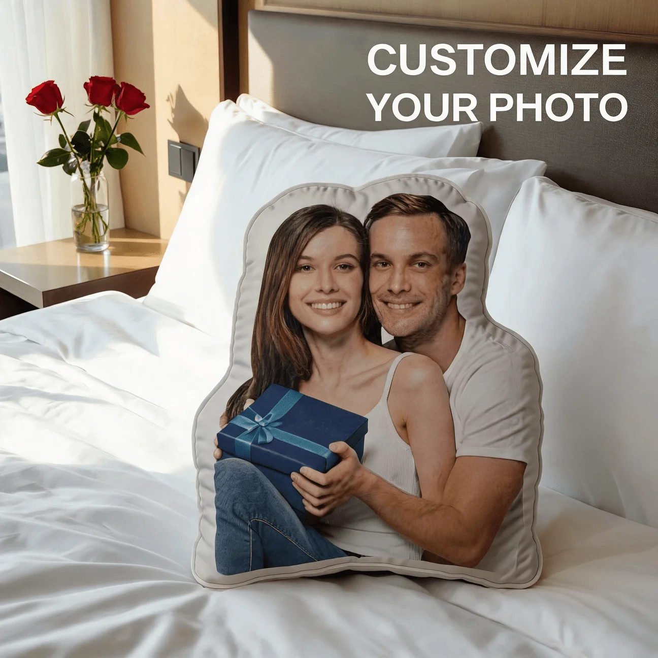 Personalized Couple Photo Shaped Pillow, Custom Picture Decorative Cushion with Gift Box Design, UHusband, Wife, Perfect for Val