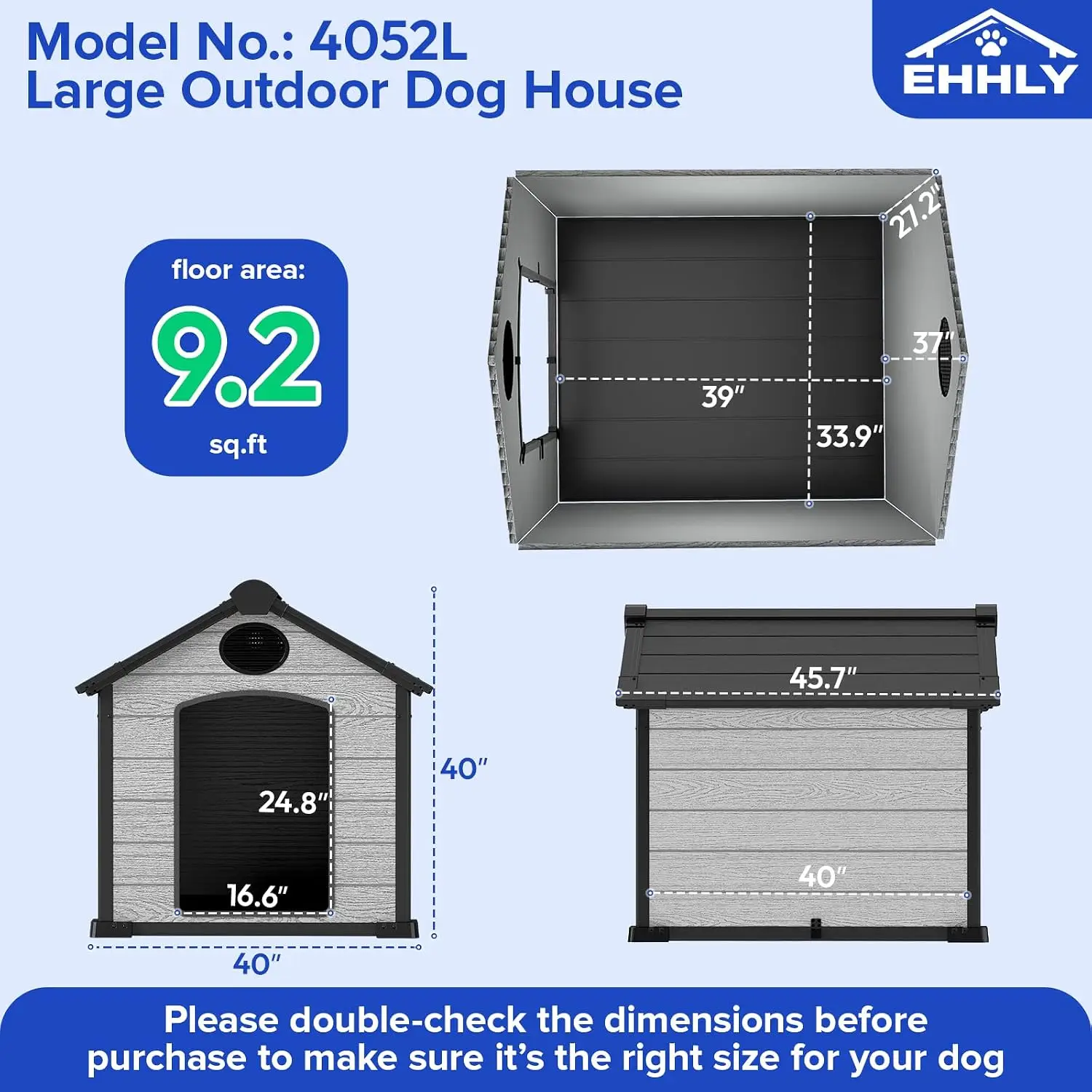 Large Dog House Outdoor Resin 16mm Wall Panels Elevated Floor Waterproof 135 lbs 46x40x40 Grey, Customized