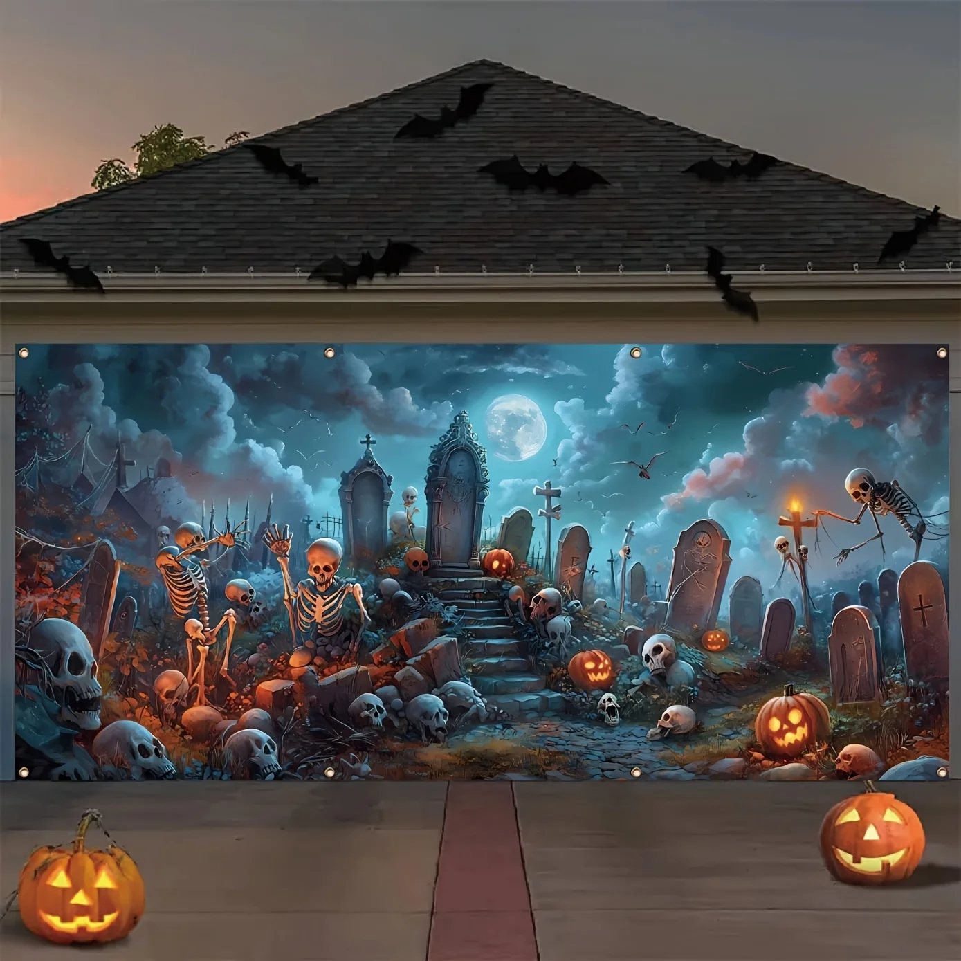 Gruseliges Halloween-Garagenbanner – lebendiges Totenkopf- und Kürbis-Design mit Grabstein, strapazierfähiges Polyester-Außendekor