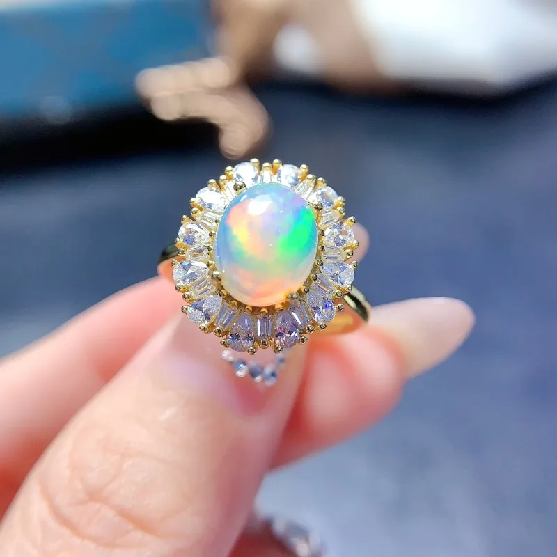 

New Luxury 925 Sterling Silver 8*10MM Natural Opal Gemstone Rings for Women Engagement Cocktail Party Fine Jewelry