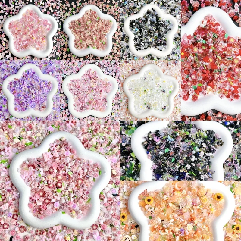 50 pezzi di ciondoli per unghie con fiori di rosa misti casuali, farfalla in resina, perle, decorazioni per unghie, accessori in cristallo fai da te, strass artigianali