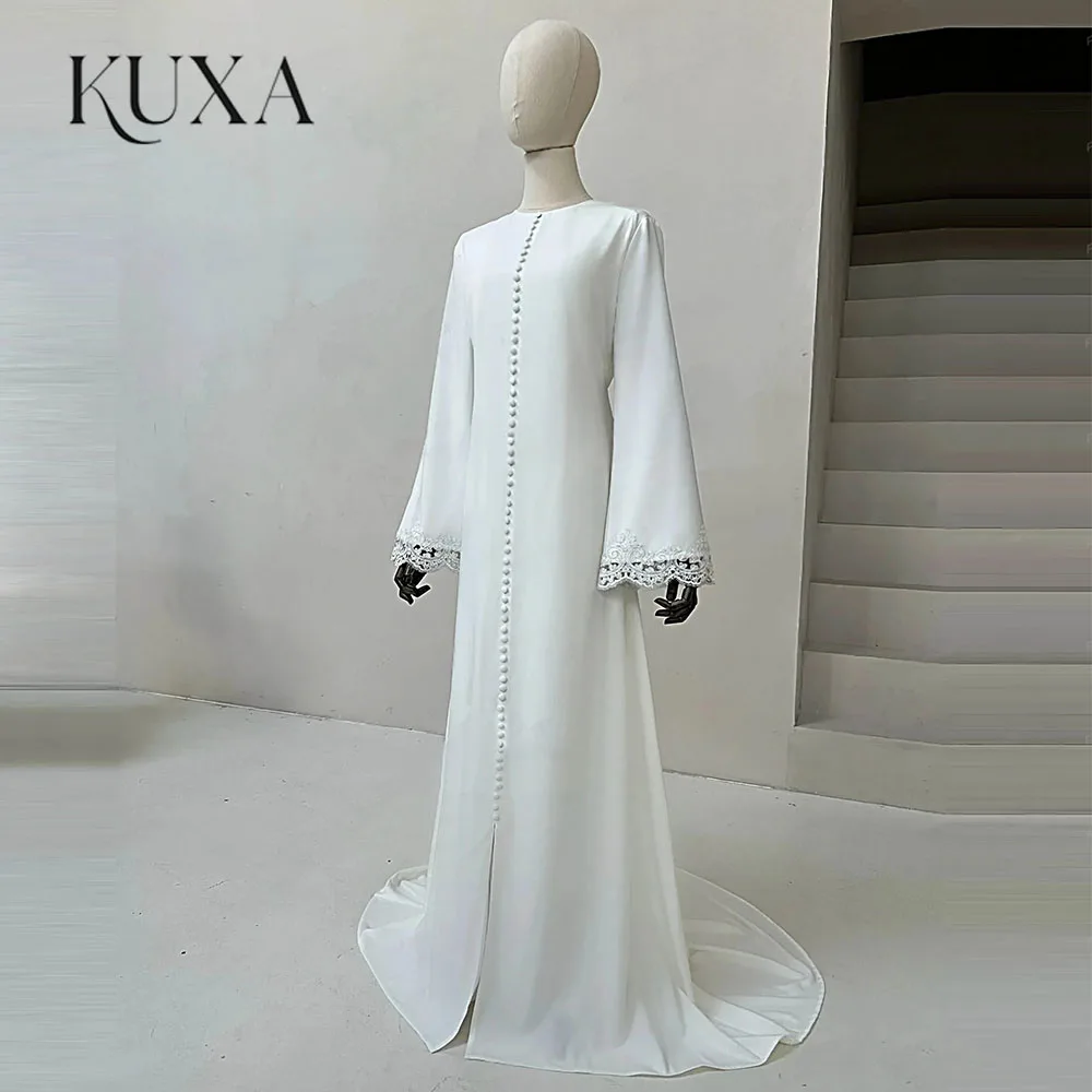 KUXA Elegante muslimische Brautkleider, A-Linie, formelle Spitze, lange Ärmel, bodenlang, Brautkleider, Knopfleiste, Schleppe, individuell gestaltet
