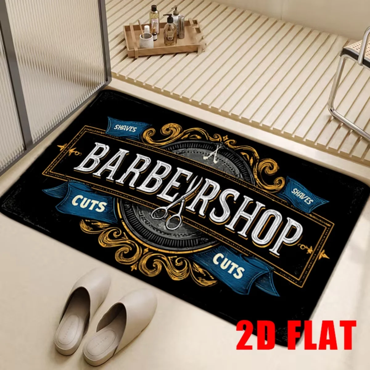 Barber Shop Theme Mat Non-Slip Barber Pole & Barber Tools Print Floor Mat for Salon Entrance, Home Mat in Barber Shop Colors