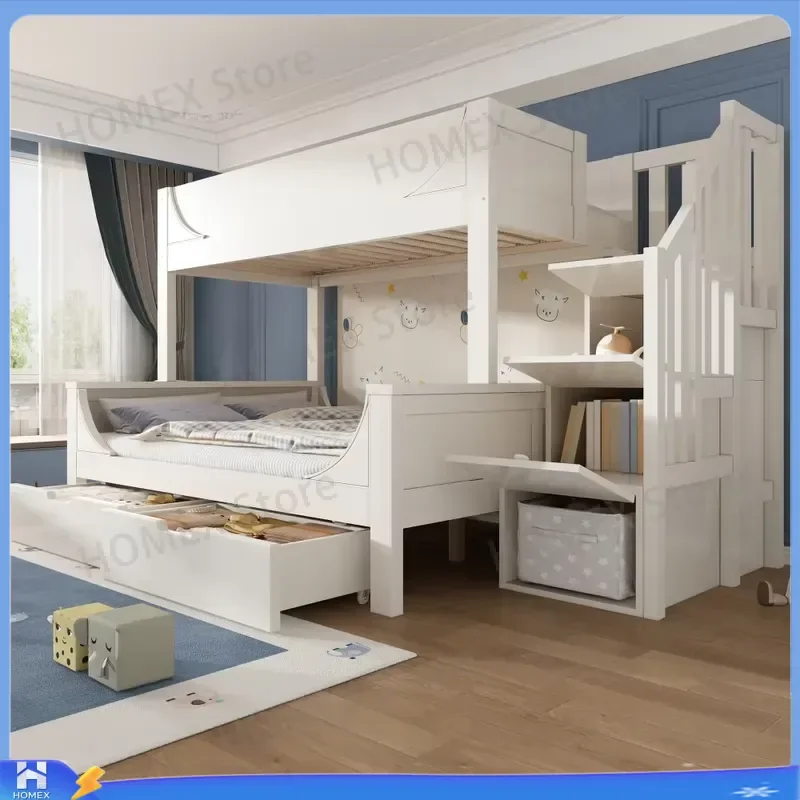 Kids Bunk Bed Solid Wood Staircase Double Bed 90x190 135x190cm with Storage Drawers White Children Bedroom Furniture Loft Bed