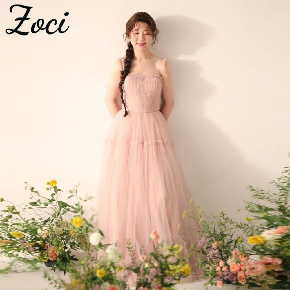 

Zoci Light Pink Spaghetti Strap Korea Wedding Dresses Pleat Tulle Customized Photo Shoot Bridal Gown Ribbons A Line Party Dress