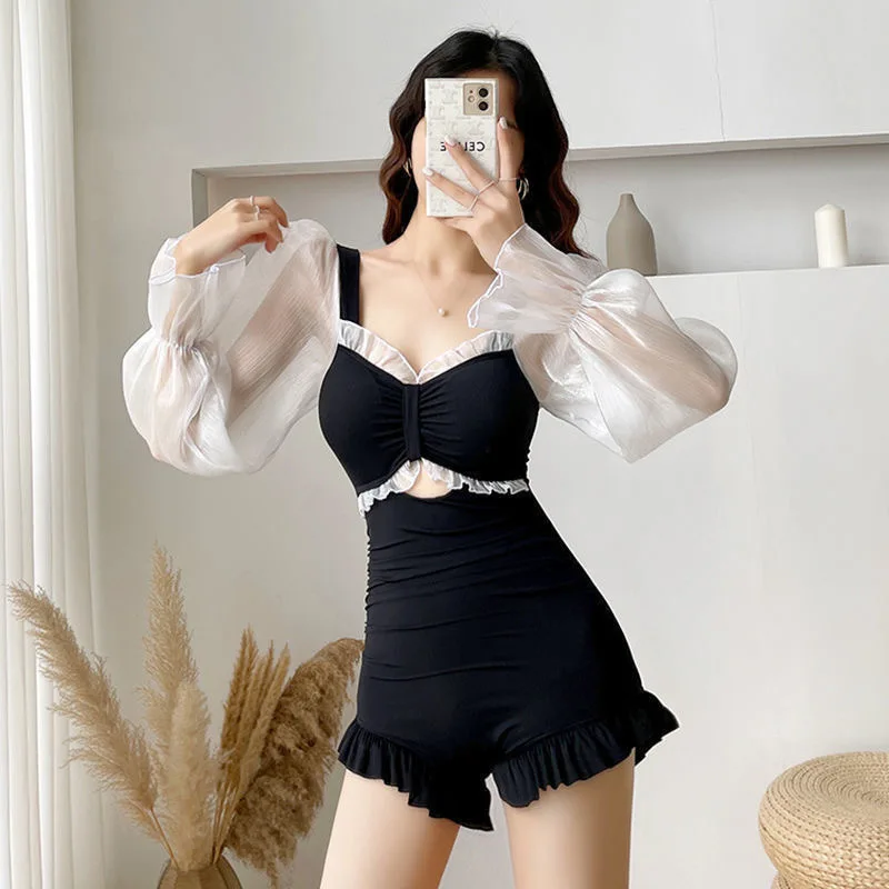 Summer Sweet Girls Swimsuit Korean Y2K One-piece Sexy Bikini Swimwear Long-sleeved High Waist Slim Push Up Bathing Suit Women