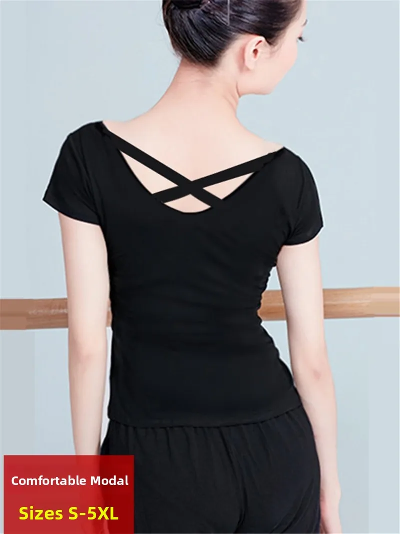 Modale Short Sleeve Backless U-Neck Cross Design Women's Fitness Yoga Dance Practice Uniform Sexy Back Exposure Top