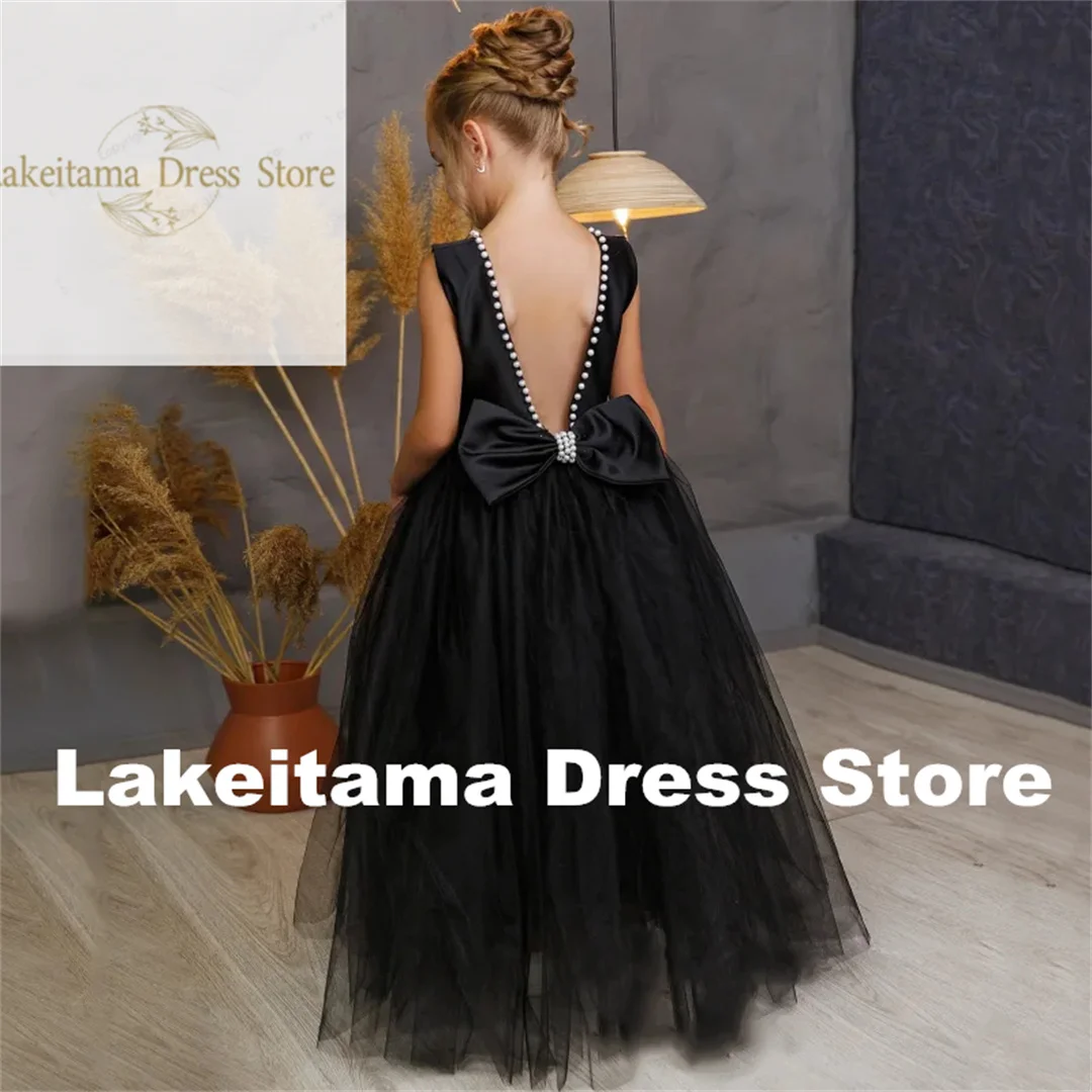 Customization Flower Girl Dresses Black Tulle Pearl With Bow Sleeveless For Wedding Birthday Party First Communion Gowns