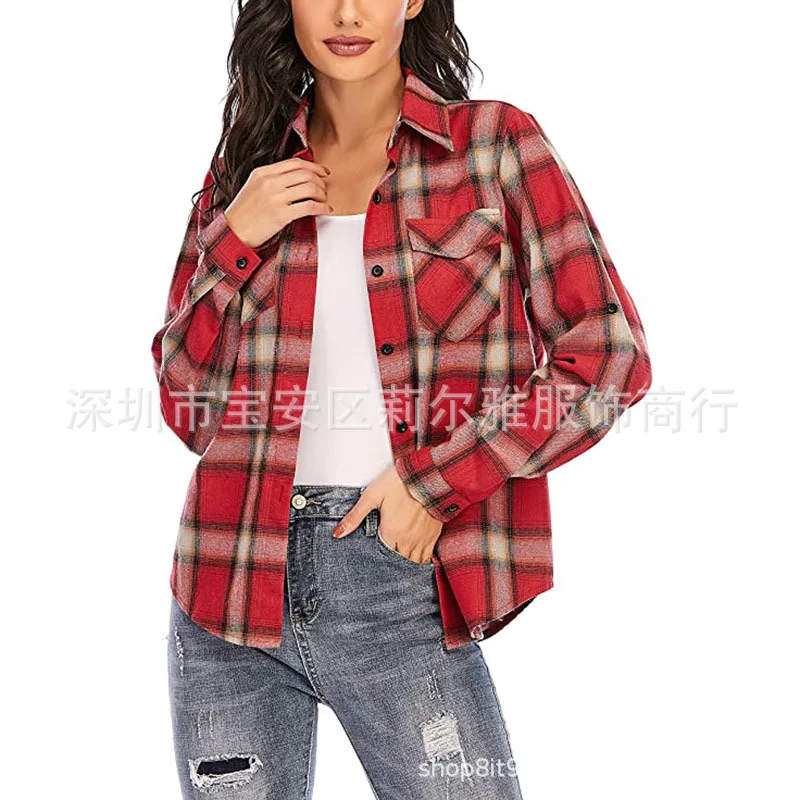 Women's Plaid Shirt Long Sleeve Pink Button Lapel Versatile Black Casual Tops Street College Style Fashion Blouses