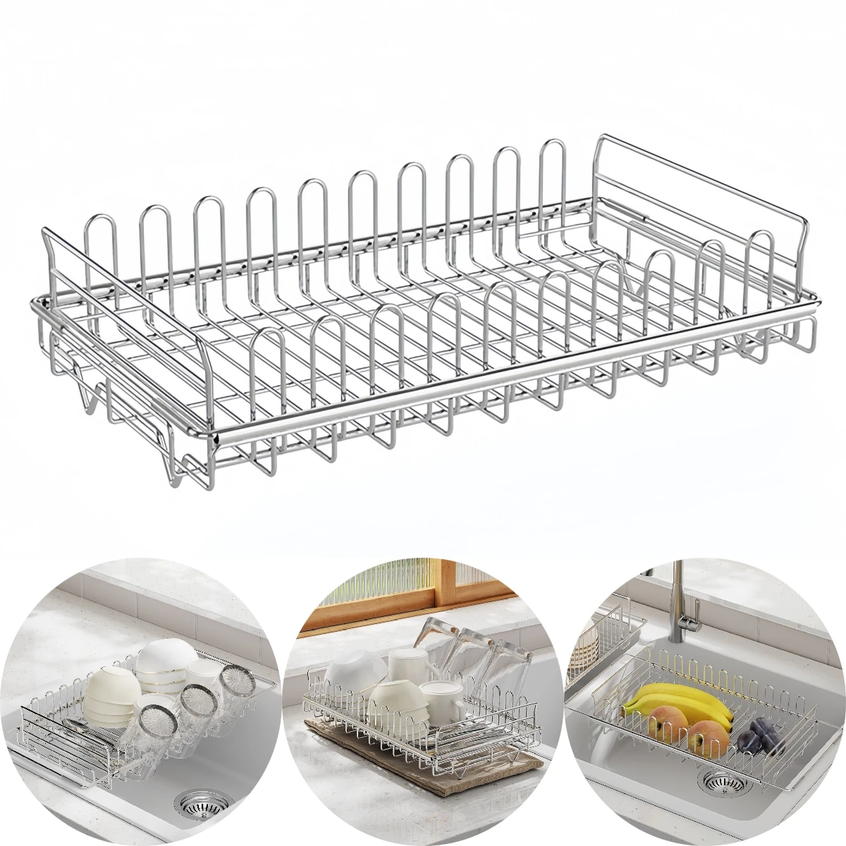 Rust resistant expandable dish drying rack with cup holders for For Kitchen sink multifunctional use as drying rack and colander