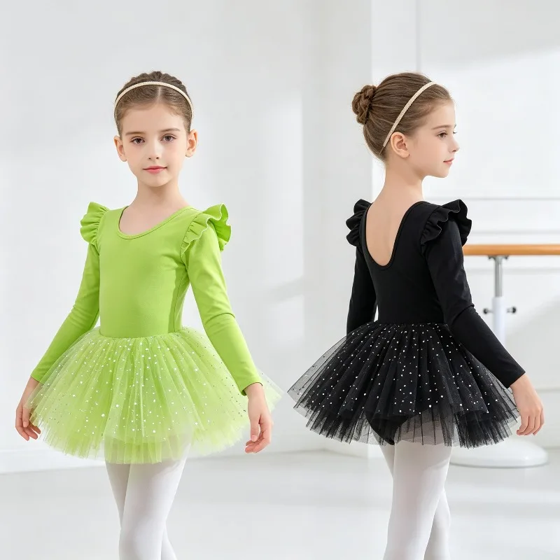 Girls Dance Dress Black Cotton Long Sleeve Ballet Dress Sequined Tulle Tutu Skirt All Seasons Wear Practice Training Costume