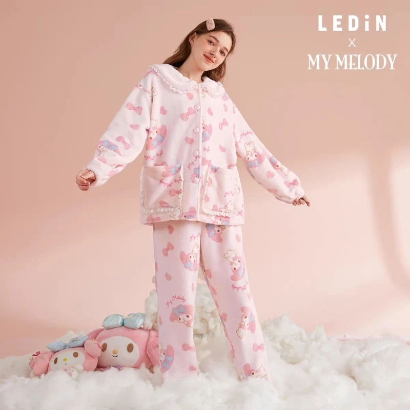 

Фланелевой утолщенный милый пижамный комплект My Melody, теплый кружевной комплект домашней одежды с длинными рукавами, повседневный удобный комплект с лацканами в стиле аниме