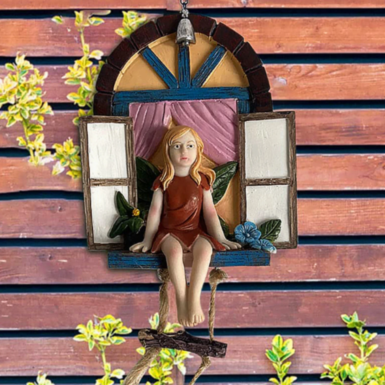 Fairy Window Ornament Outdoor Fairy Window with Shutters Hanging Garden Sculpture Weather-Resistant Wall Plaque Magical