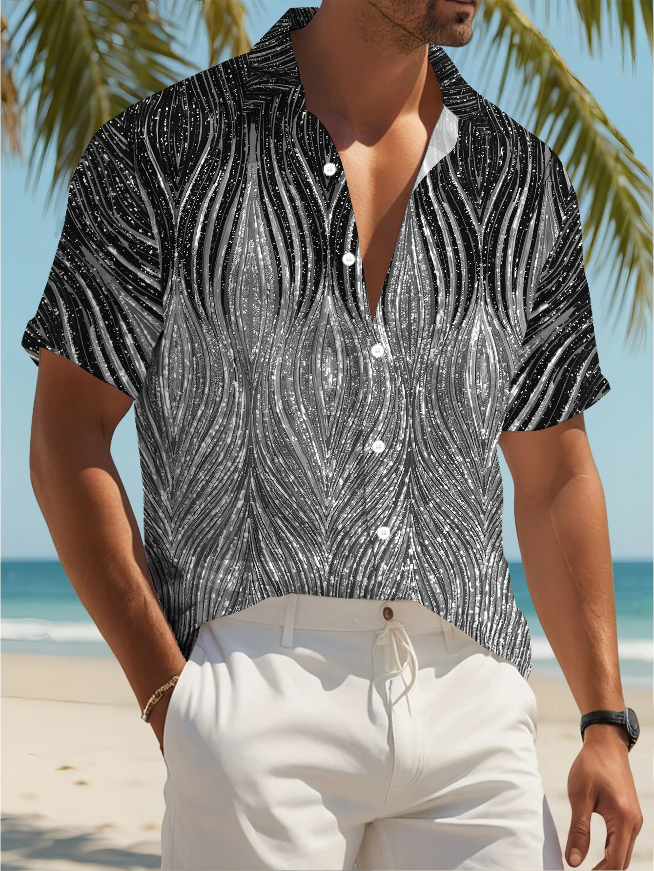 Men's Abstract Wave Glitter Texture Print Short Sleeve Lapel Shirt Summer Party Loose Casual Mens Clothing