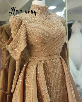 플러스 사이즈 무거운 구슬 이슬람 이브닝 원피스, 오버 스커트 포함, 골드, 중동, 두바이, 웨딩 파티 가운, Abendkleider 약혼 가운