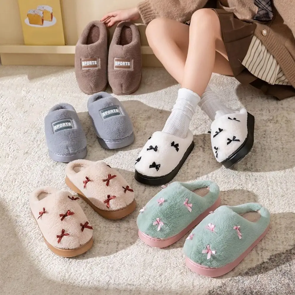 

Windproof Soft Plush Couple Slippers Fluffy Slides Bow Winter Warmer Slippers Thickened Furry Warm Home Cotton Shoes Gift