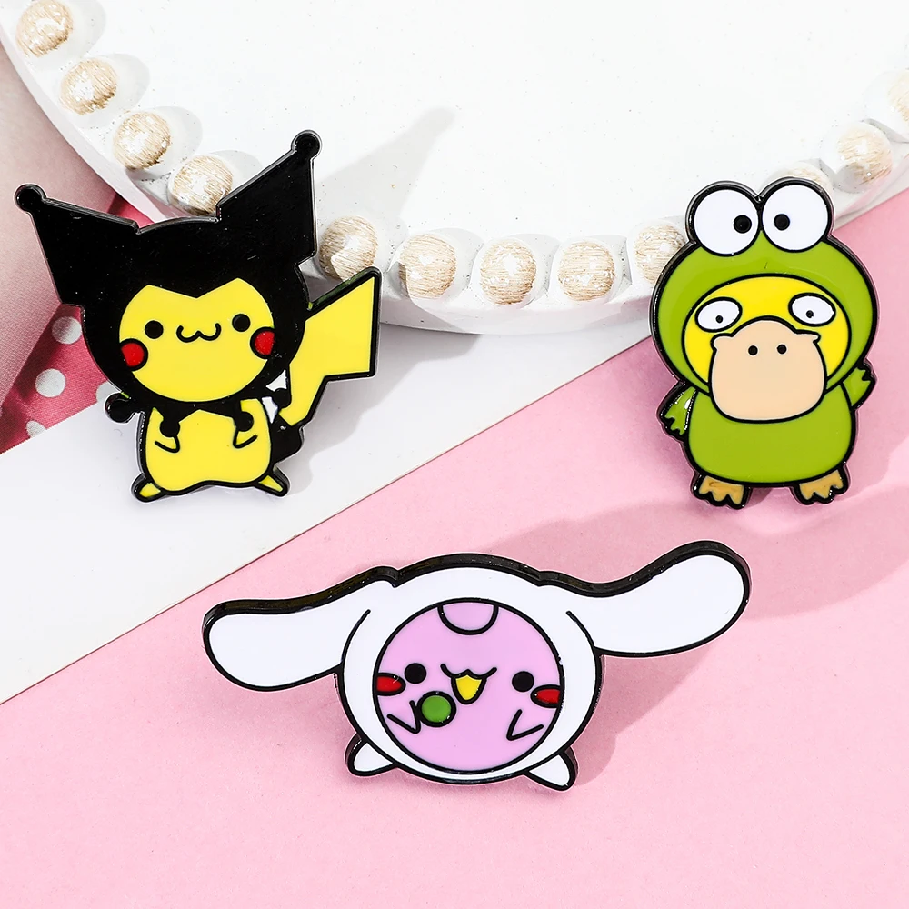 Anime Pokemon And Sanrio Joint Name Creativity Cosplay Figure Brooch Kuromi Pikachu Cinnamoroll Gengar Funny Metal Badge Jewelry