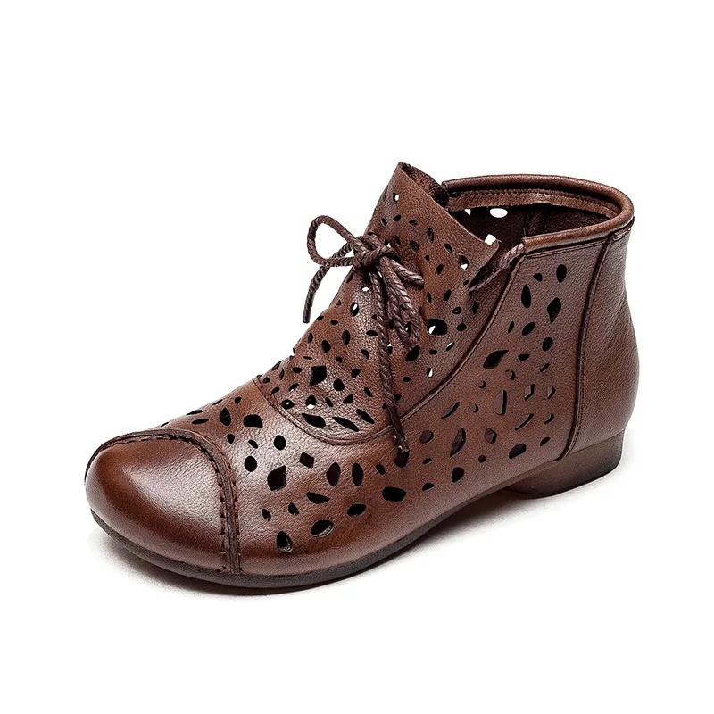 2026 Summer Hollow Breathable High-top Short Boots Genuine Leather Slip on Flat Boots Black Women's Comfortable Sandals