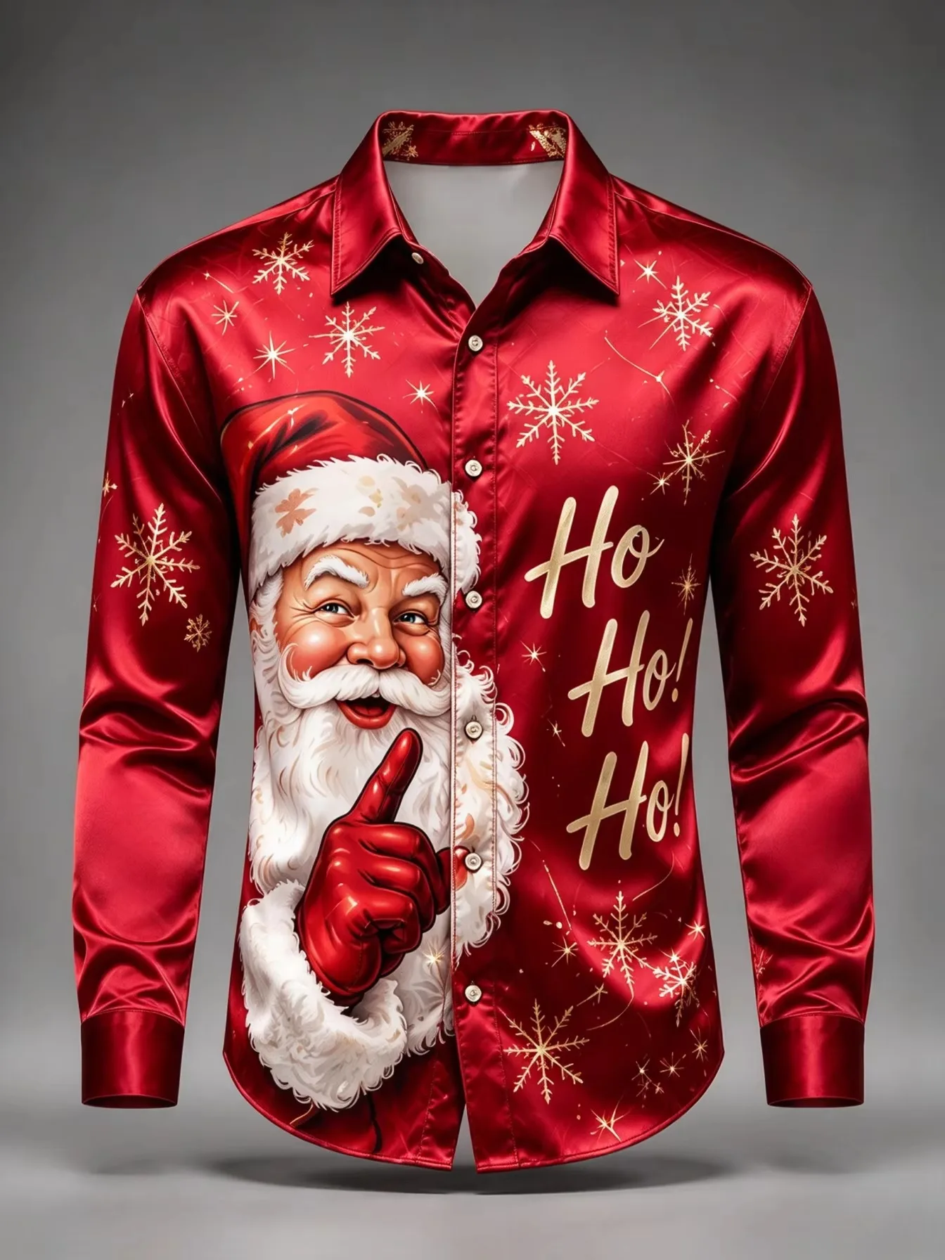 New Men’s Long-Sleeve Christmas Shirt Fun Santa Claus Print Collared Button-Down Casual Shirt Festive Party Street-Style Top