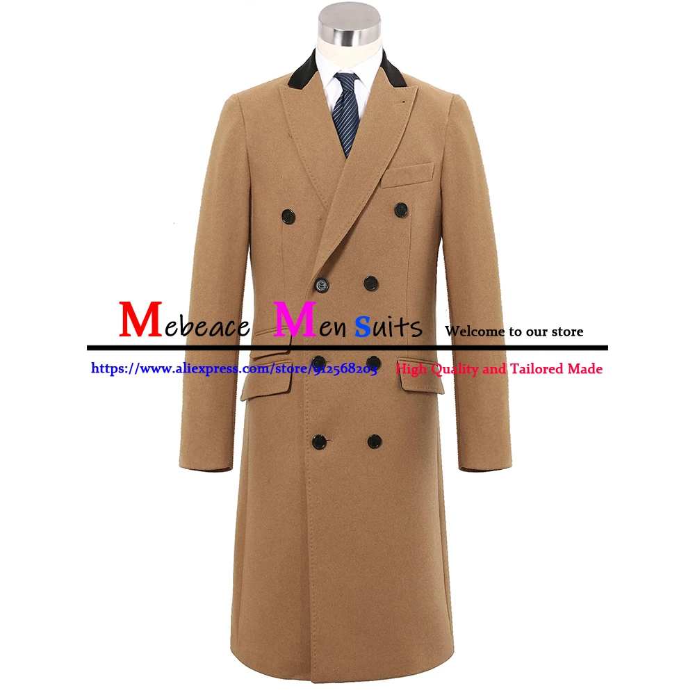 Camel Tweed Wool Suit Jackets Double Breasted Winter Long Overcoat Custom Made Peaked Lapel Mens Blazer Daily Male Business Coat