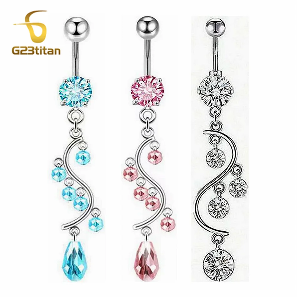 طويل شرابة البطن الدائري الزركون معلقة الطبية G23 التيتانيوم بار المضادة للحساسية 14 جرام السرة ثقب بنين بنات بوهيميا مجوهرات للجسم #1