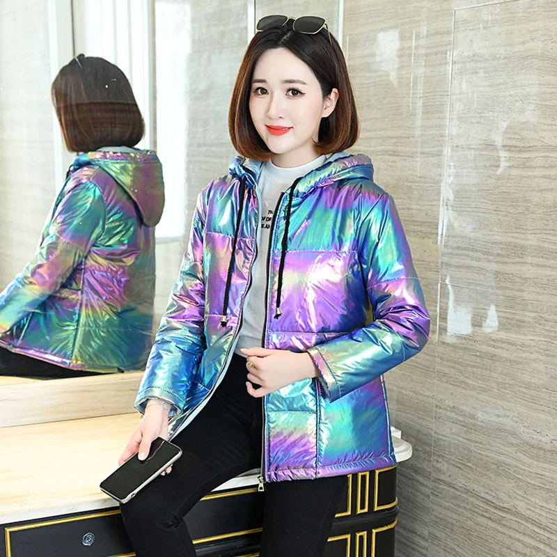 Rainbow Glossy 5XL Down Cotton Parkas Winter Jacket Women Hooded Zipper Pockets Female Waterproof Coat 2023 New