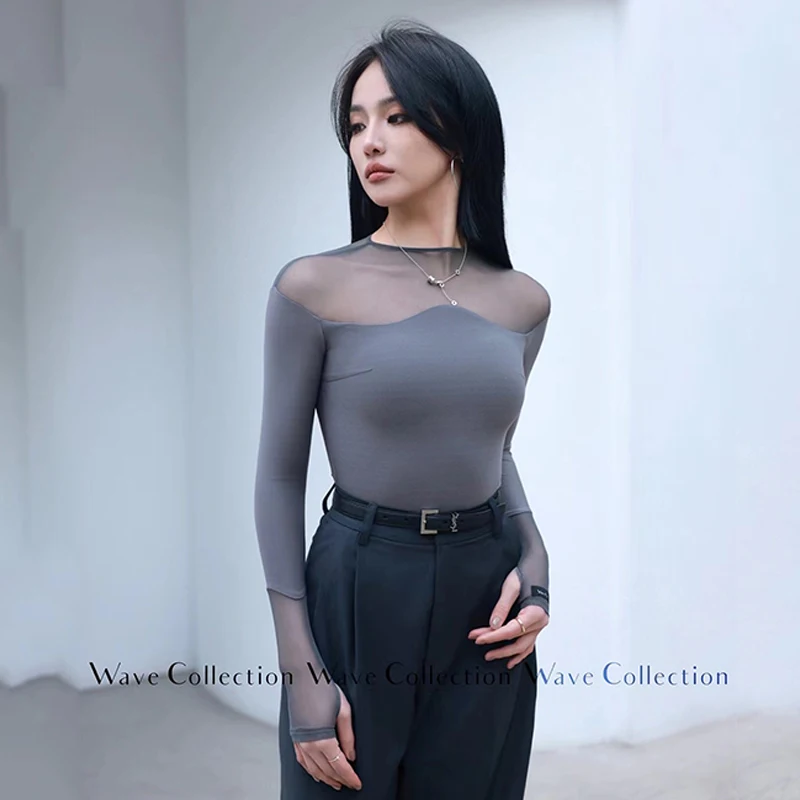 Latin Dance Clothes Women Wave Mesh Shoulder Long Sleeves Tops Adult Ballroom Dance Practice Wear Rumba Dance Leotard DNV19271