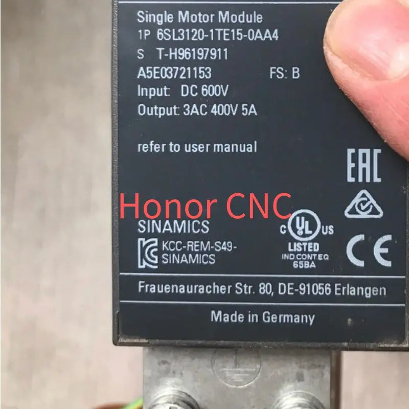 6SL3120-1TE15-0AA4 Used Tested OK In Good Condition SINAMICS S120 Single Motor Module input: 600 V DC output: 400 V 3 AC, 5 A