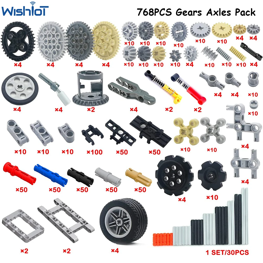 

768PCS Technical Parts Cars Gears Axles Pack Wheels Connectors Chain Link Pins Joints Bricks Shock Absorber MOC Building Blocks