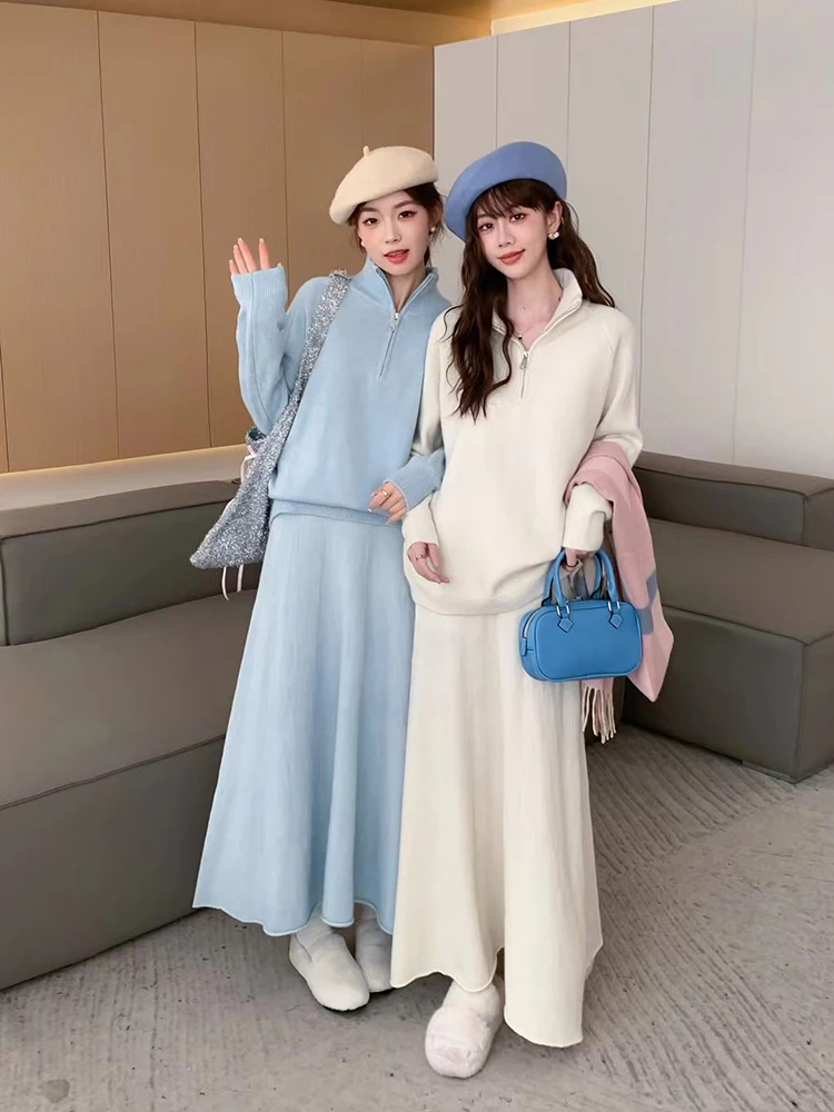 Korea Knitted Women Skirts 2 Piece Sets Loose Warm Soft Elegant Sweater Tops Conjunto New Casual High Waist Long Skirts Ensemble