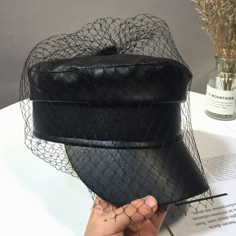 Spring and summer New black  PU lace veil newsboy  caps Fmale Flat top black Mesh letter multiple styles  fashion hats