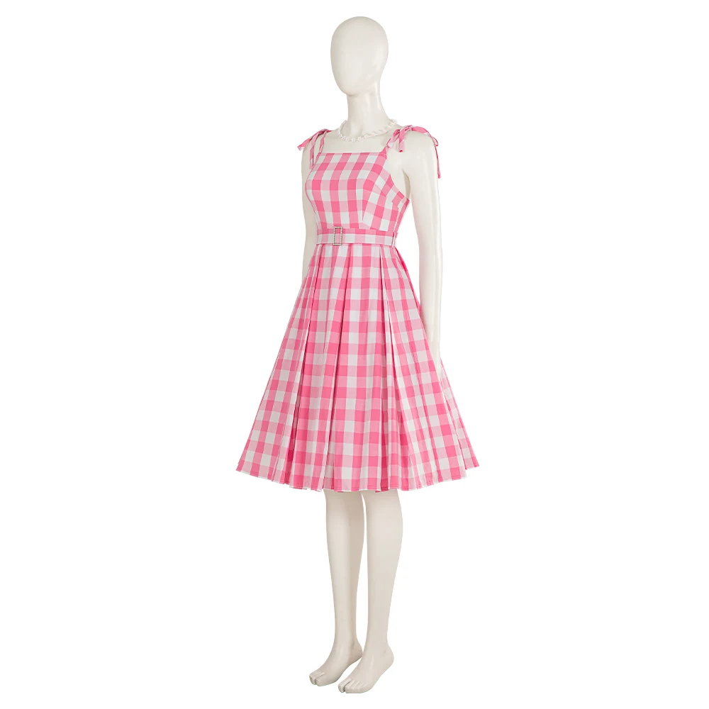 Movie Margot Robbie Cosplay Dress Women Girls Pink Plaid Strappy Dress Necklace Bow Tie Belt Suit Halloween Party Ball Gown