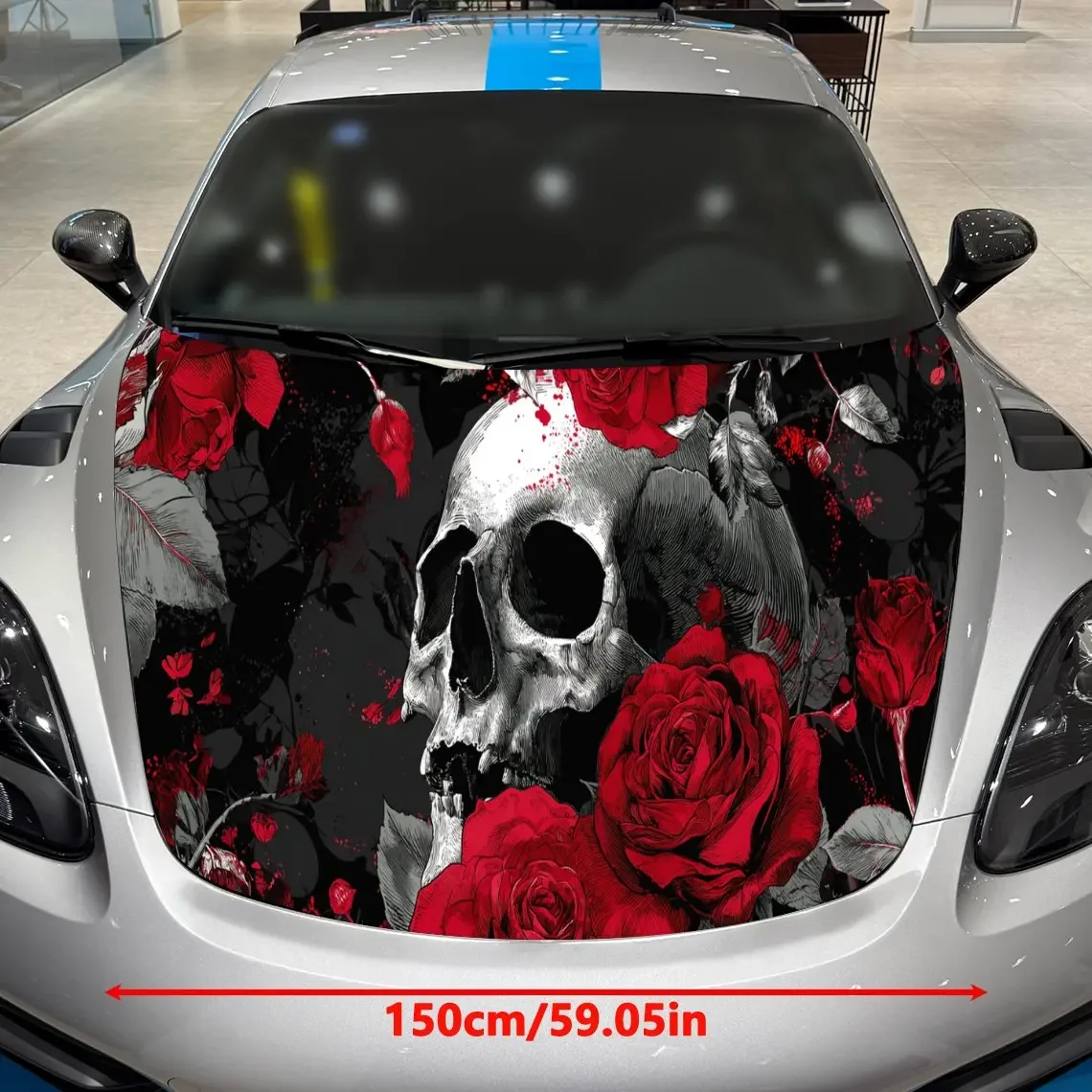 Car Decal Skull with Red Rose Motif in Dark & Artistic Splatter Style - Edgy Dark Fantasy Aesthetic Car Hood Sticker, Waterproof