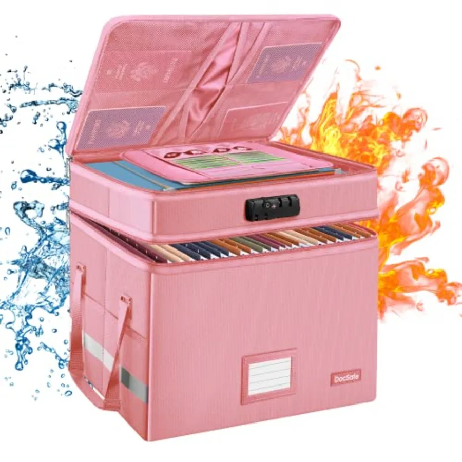 

File Box with LockMulti-Layer Fireproof Document Box Collapsible File Storage Organizer with Pockets/Handle Large Portable Home