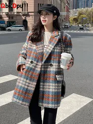 Mid Length Thick Vintage Plaid Woolen Coat Fall Winter New Women Korean Loose Parkas Overcoat V Neck Warm Single Button Jaqueta