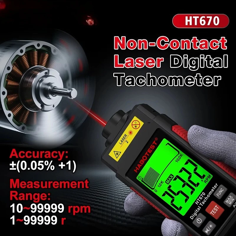 

HABOTEST HT670 Digital Laser Tachometer Non-Contact RPM Meter 2.5-99999RPM LCD Backlight