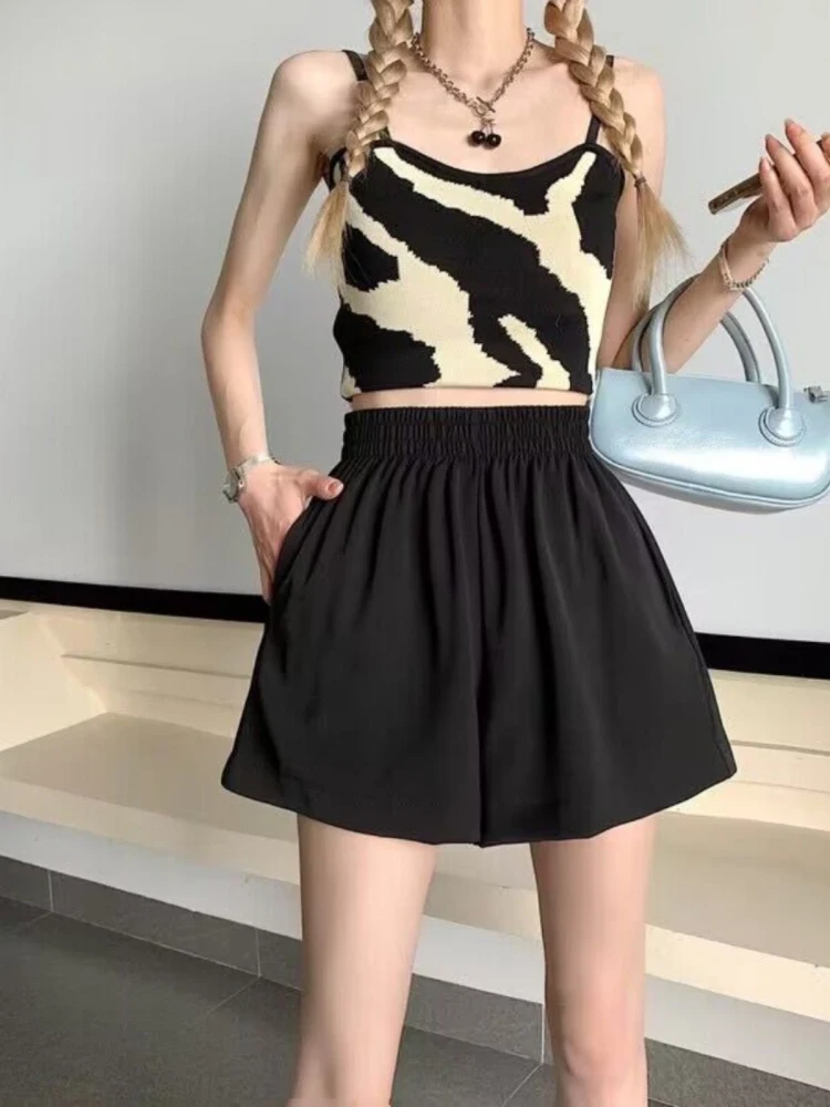 Black Ice Silk Shorts Women's High Waist Loose Casual Wide Leg Five-Quarter Length Trendy Three-Quarter Length Summer Pants
