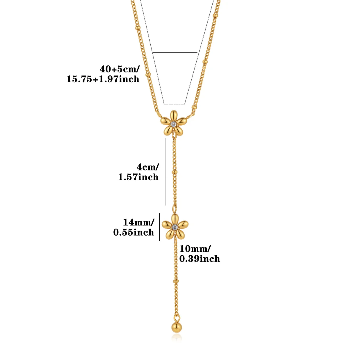 Zarte goldfarbene Edelstahlkette für Damen, Y-Lariat mit Zirkonblume, Vintage-Transparenthorn-Anhänger, ästhetisches Geschenk – Detail 1