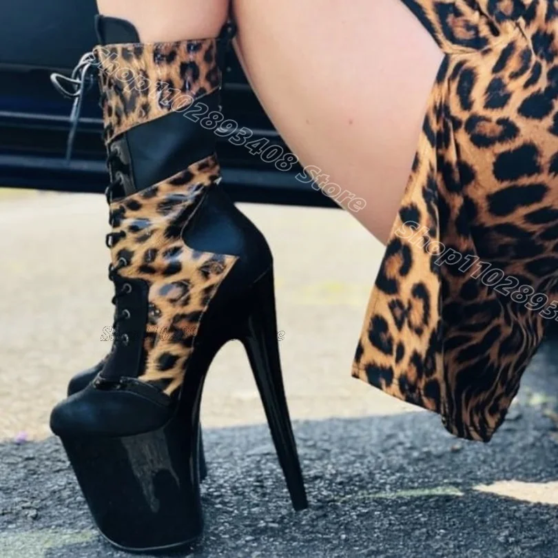 Splicing Leopard Print Performance Boots Round Toe Side Zipper Platform Stiletto Women Dancing Short Boots Zapatos Para Mujere