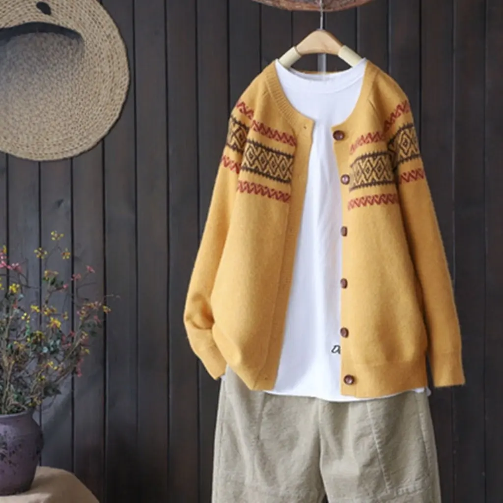 

Women's Ethnic Style Loose Knitted Cardigan Jacquard Sweater Retro Lazy Coat All-match Spring Autumn Non-fading