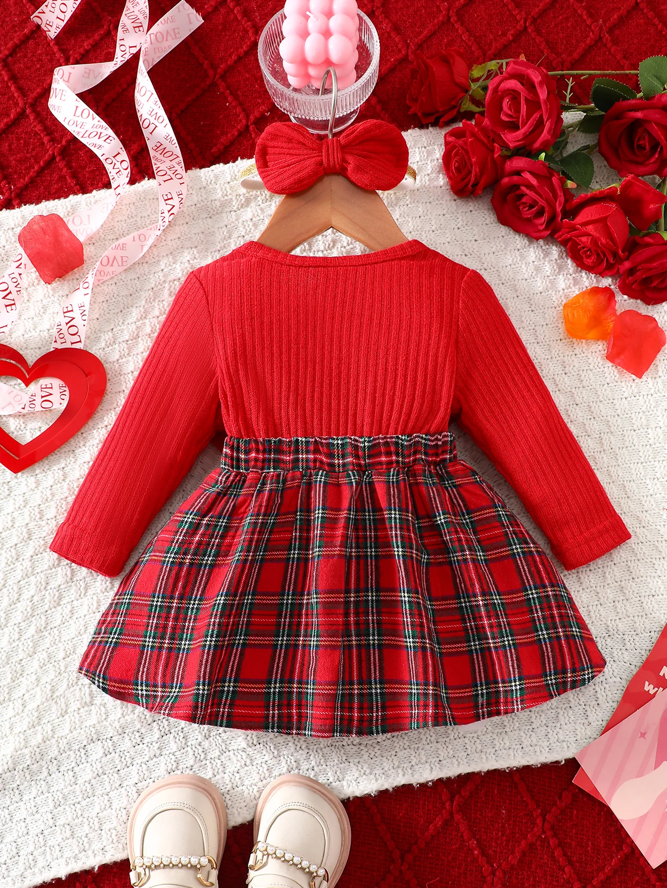 Baby Girl Red Plaid Dress Set with Bow Headband Ruffle Sleeve Ribbed Top Valentine’s Day Party Outfit Cute Princess Clothes