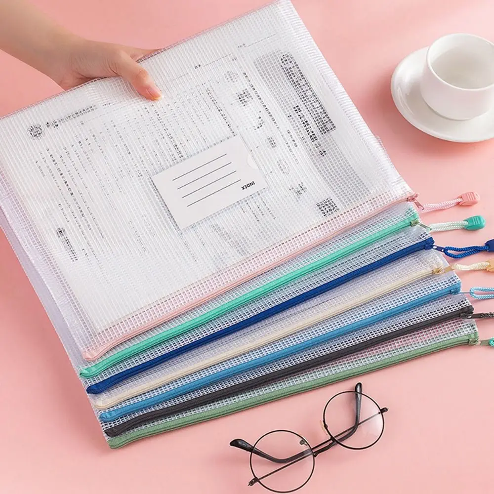 Portable PVC A4 Mesh File Bag Zipper Thickened Document Storage Bag Subject Sorting Waterproof File Folders Student