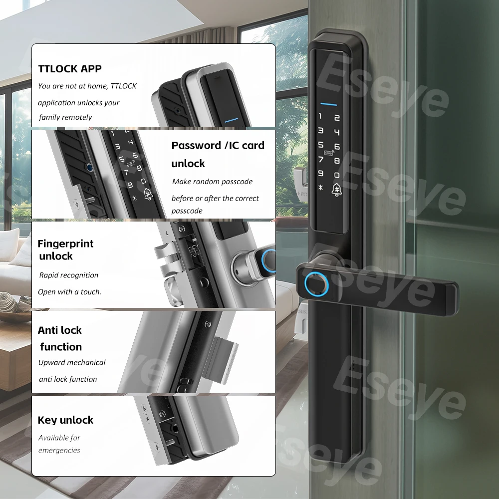 July003 Eseye Biometric Fingerprint Latest Ip66 Dustproof Waterproof Serrure Intelligent Smart Aluminum Door Lock With Ttlock Ap