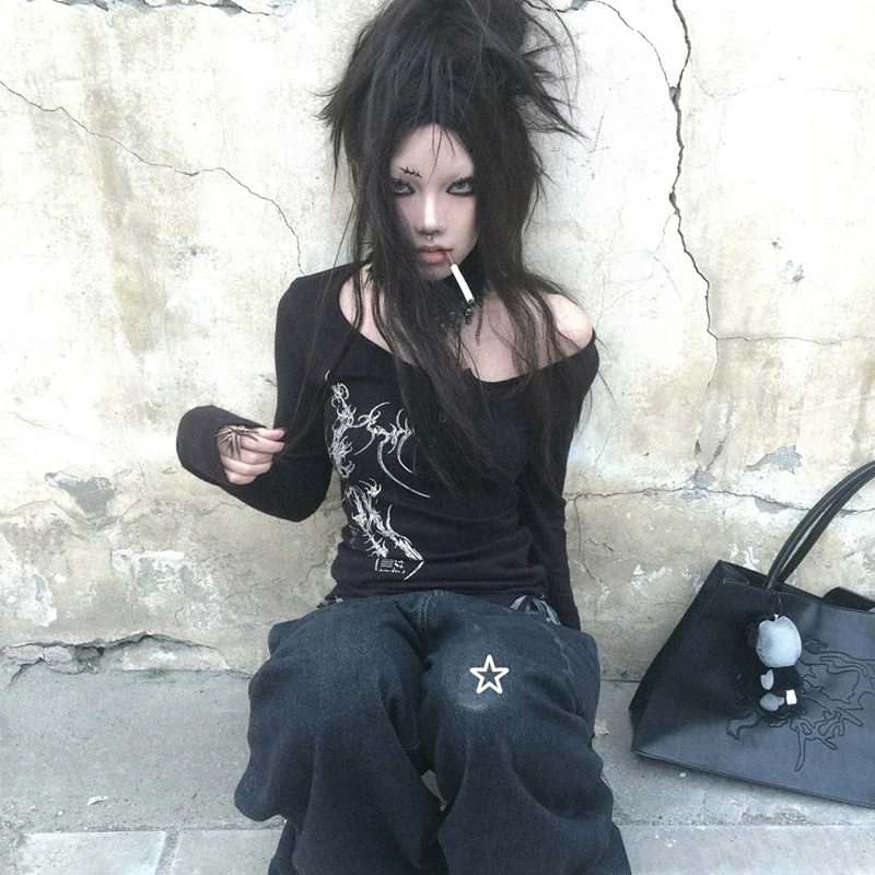 2000s Grunge Aesthetics Button Tops Trashy Y2k Tattoo Print T-shirt Vintage Goth Black Irregular T-Shirt American Retro Outfits