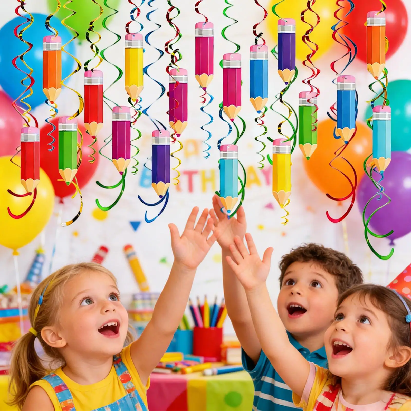 48pcs Colourful Paper Pencil Streamers Pvc Spiral Decoration Spiral Banner Party Ceiling Hanging Ornaments For School Home Kid view 2