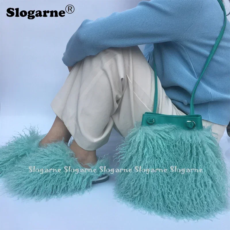 Women\'s 2024 Fashion Long Fur Wool Bag Beach Wool Fur Shoulder Bag Ladies Faux Furs Handbag Luxury Faux Mongolian Sheep Fur Bags