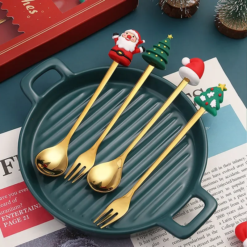 2/1PCS Christmas Tableware Set Stainless Coffee Dessert Spoons Fork Xmas Gifts Christmas Decoration 2023 New Year Home Decor