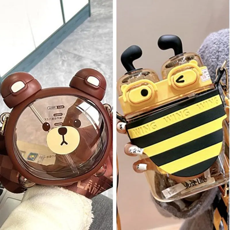 Cartoon Bear Honeybee Animal Shaped Kid Water Bottle With Rope Tritan Material Bpa Free Cute Children Boy Drink Bottle To School