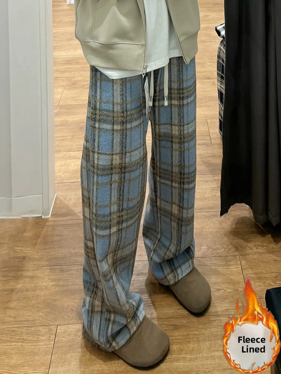 

Мужские шерстяные брюки в клетку на флисовой подкладке, прямые повседневные брюки, осенне-зимние, в американском ретро-стиле, свободные спортивные брюки, молодежные